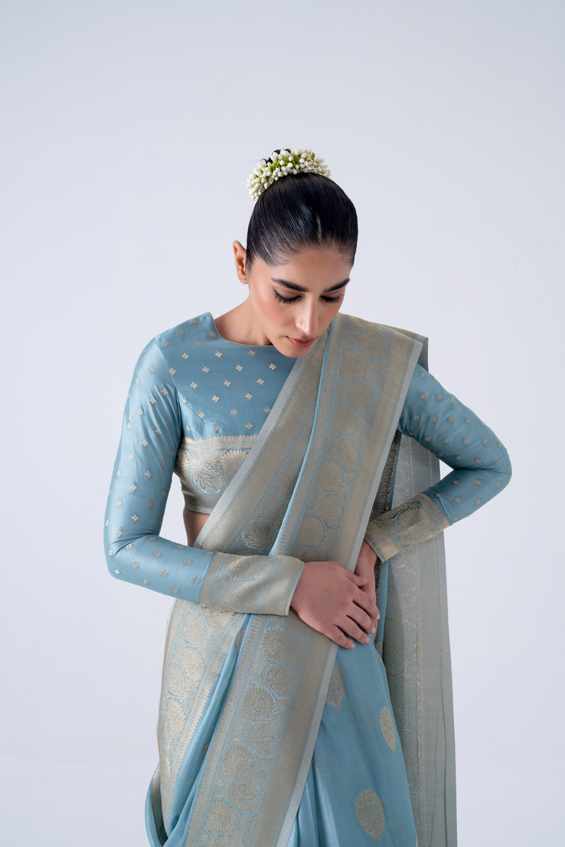 Pastel Blue Viscose Saree With Butti