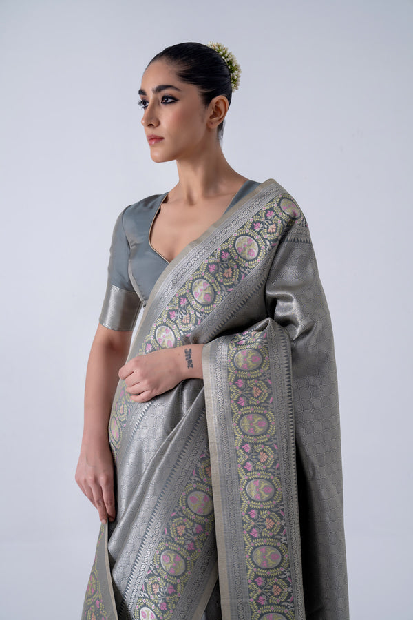 Grey jacquard saree with meenakari border