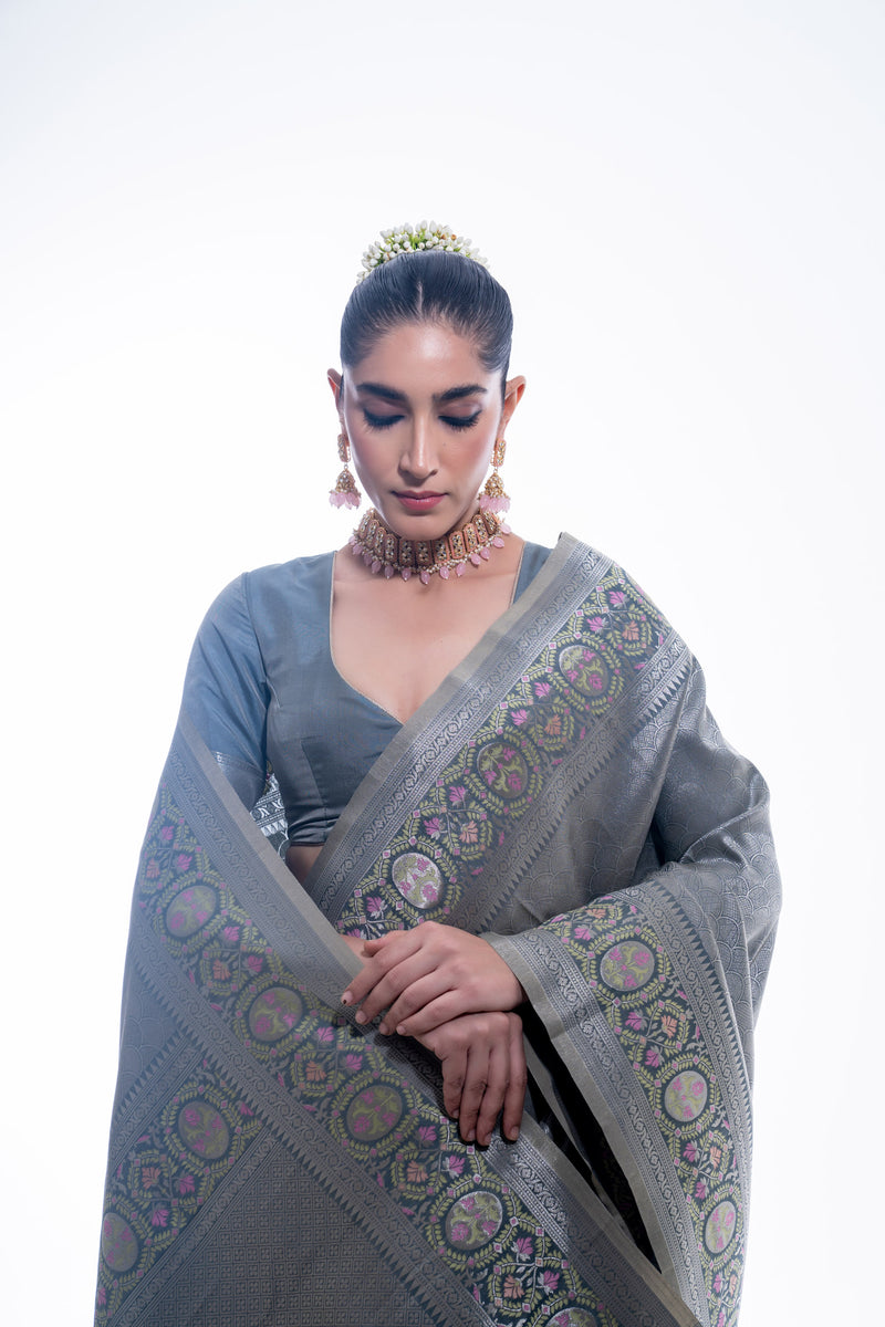 Grey jacquard saree with meenakari border