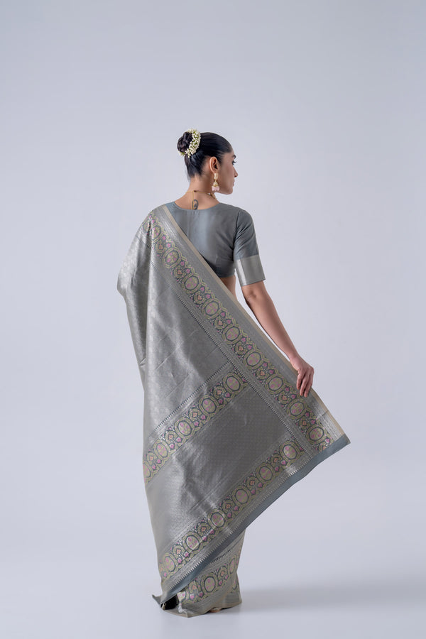 Grey jacquard saree with meenakari border