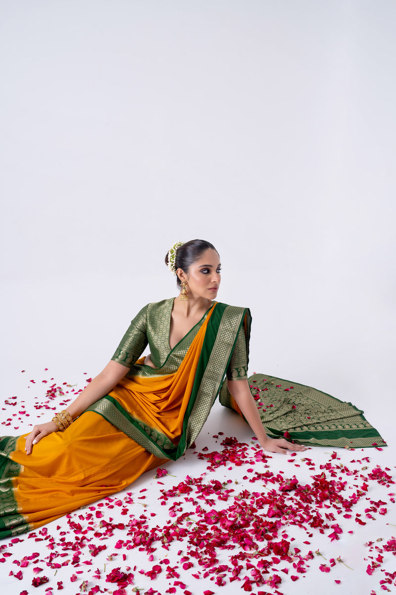 Mustard Yellow  Viscose Plain Saree With Contrast Border