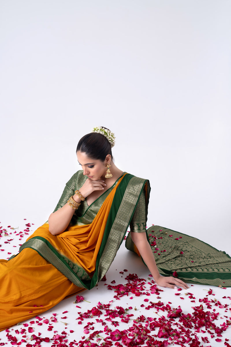 Mustard Yellow  Viscose Plain Saree With Contrast Border