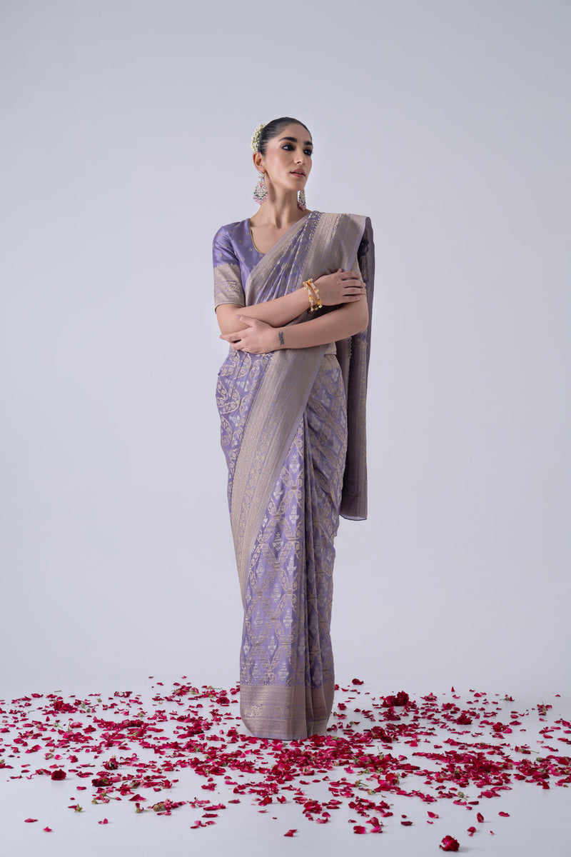 Lilac Viscose Saree With  Silver And Gold Zari