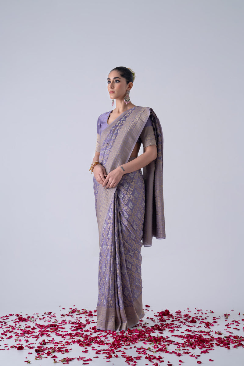 Lilac Viscose Saree With  Silver And Gold Zari