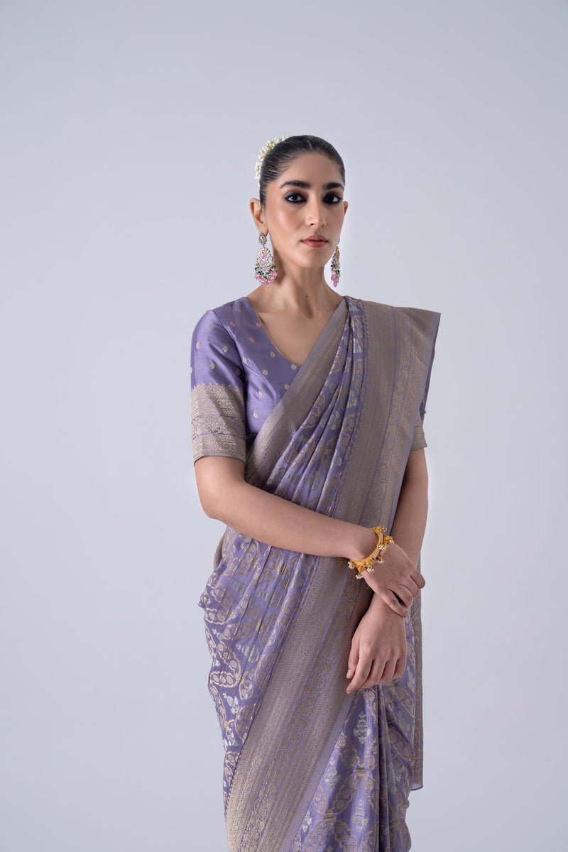 Lilac Viscose Saree With  Silver And Gold Zari