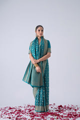 Peacock Blue Viscose Saree With All-over Floral Jaal