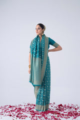 Peacock Blue Viscose Saree With All-over Floral Jaal