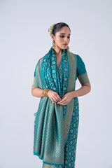 Peacock Blue Viscose Saree With All-over Floral Jaal