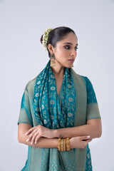 Peacock Blue Viscose Saree With All-over Floral Jaal