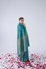 Peacock Blue Viscose Saree With All-over Floral Jaal