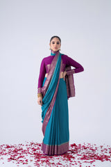 Teal Blue Viscose Saree With Checked