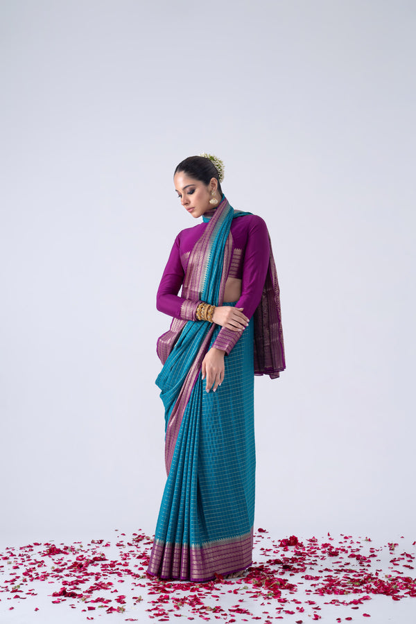 Teal Blue Viscose Saree With Checked