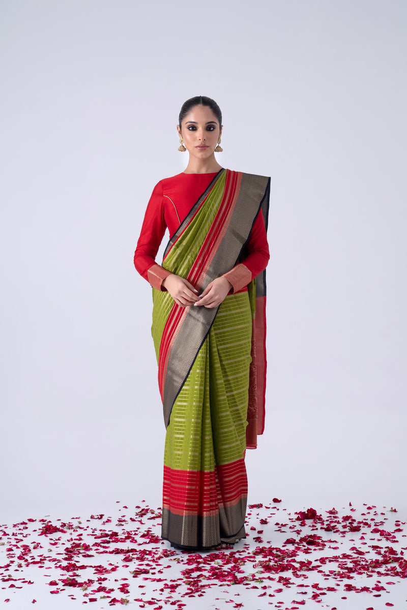 Green And Red Viscose Saree With Strips And Contrast Border