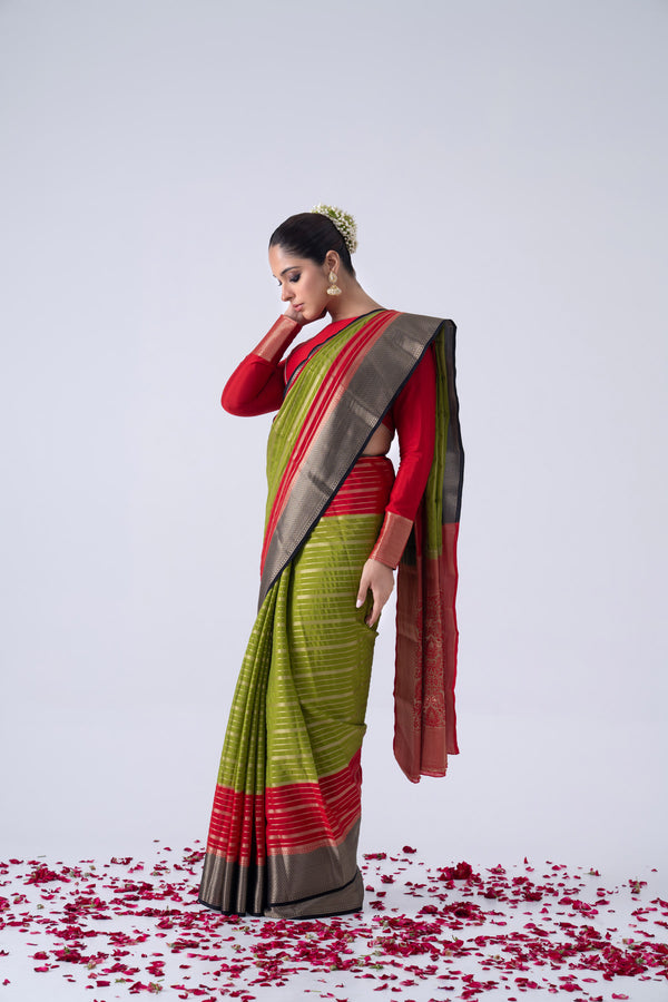 Green And Red Viscose Saree With Strips And Contrast Border