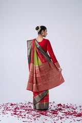 Green And Red Viscose Saree With Strips And Contrast Border