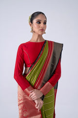 Green And Red Viscose Saree With Strips And Contrast Border