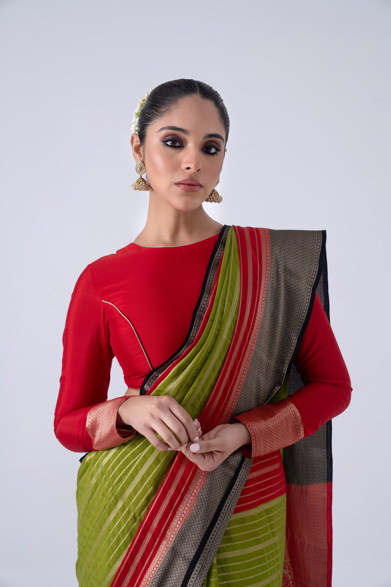 Green And Red Viscose Saree With Strips And Contrast Border