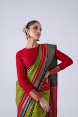 Green And Red Viscose Saree With Strips And Contrast Border