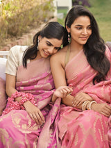 ALISHA - PINK VISCOSE SAREE WITH ALL OVER FLORAL JAAL AND BUTTA