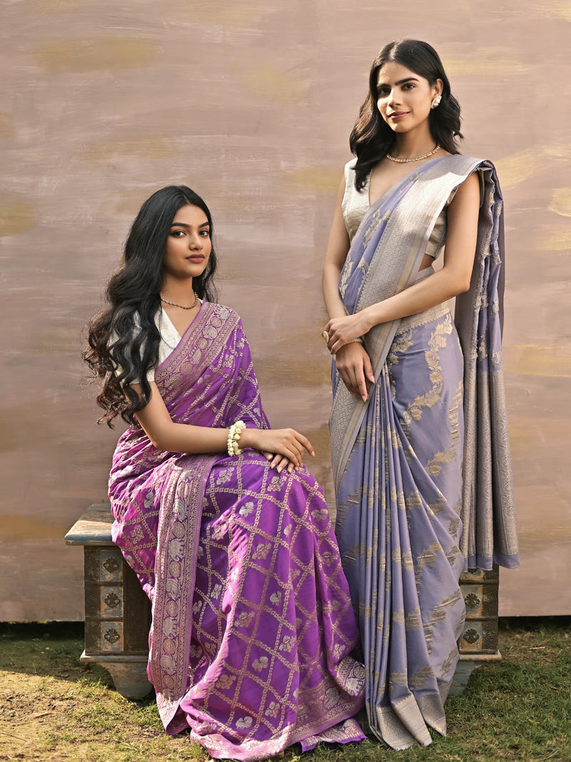 ANAYA - LILAC VISCOSE SAREE WITH DIAGONAL WAVE FLORAL PATTERN