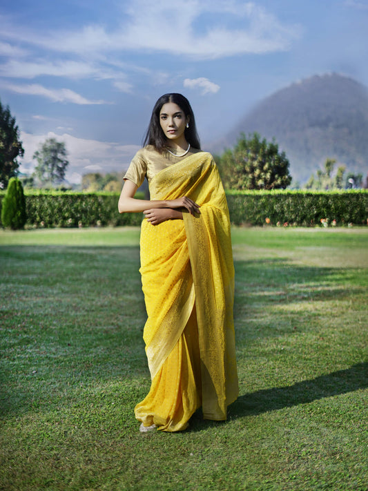ROMA - YELLOW VISCOSE SAREE POLKA DOTS