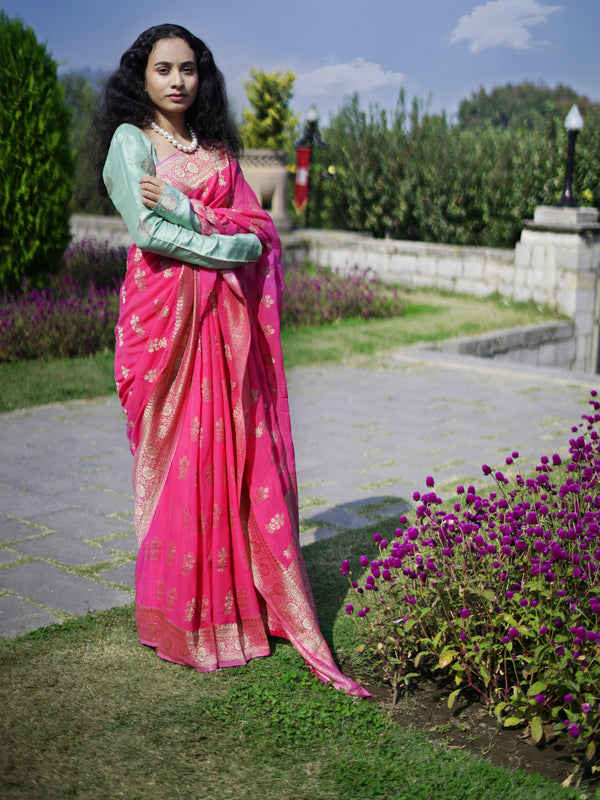 ANITA - HOT PINK VISCOSE SAREE WITH GOLDEN BORDER