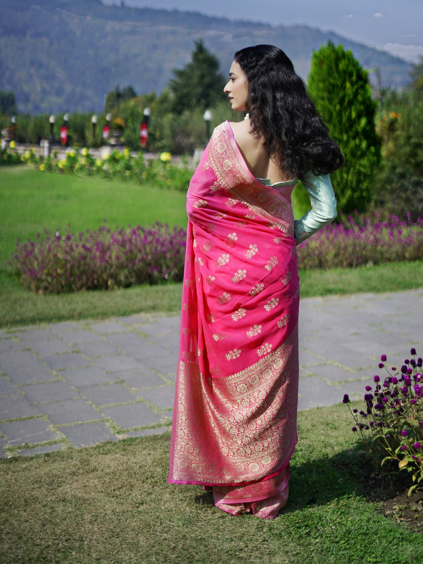 ANITA - HOT PINK VISCOSE SAREE WITH GOLDEN BORDER