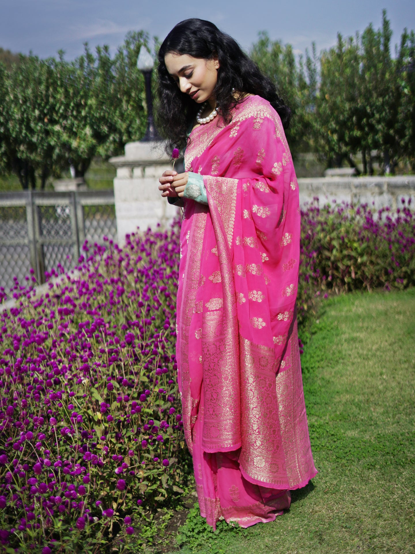 ANITA - HOT PINK VISCOSE SAREE WITH GOLDEN BORDER