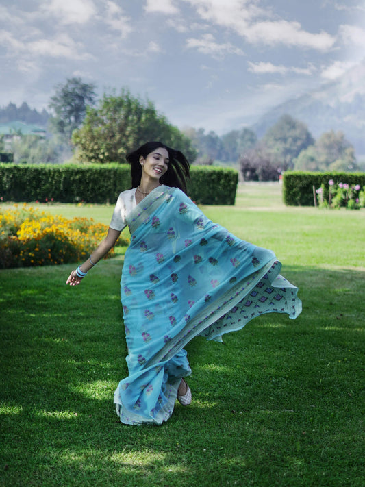 NEELAM - SKY BLUE VISCOSE FLORAL SAREE