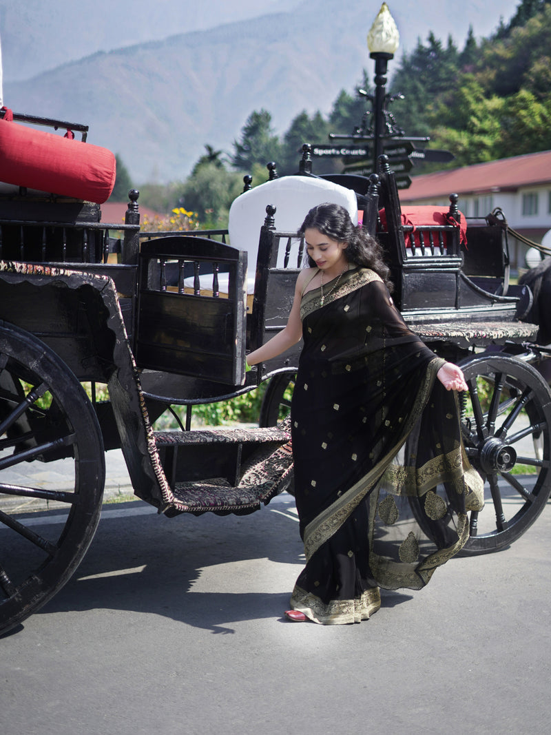 ZAARA - BLACK AND GOLD VISCOSE SAREE WITH MINIMAL BUTTI