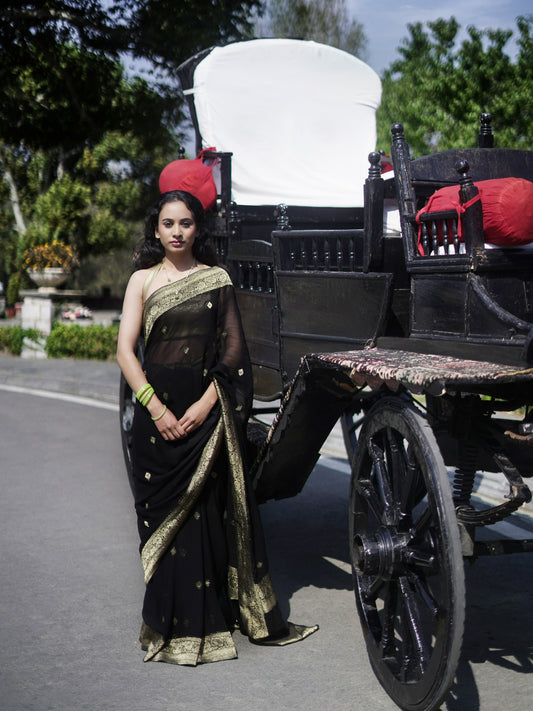 ZAARA - BLACK AND GOLD VISCOSE SAREE WITH MINIMAL BUTTI