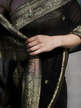 ZAARA - BLACK AND GOLD VISCOSE SAREE WITH MINIMAL BUTTI