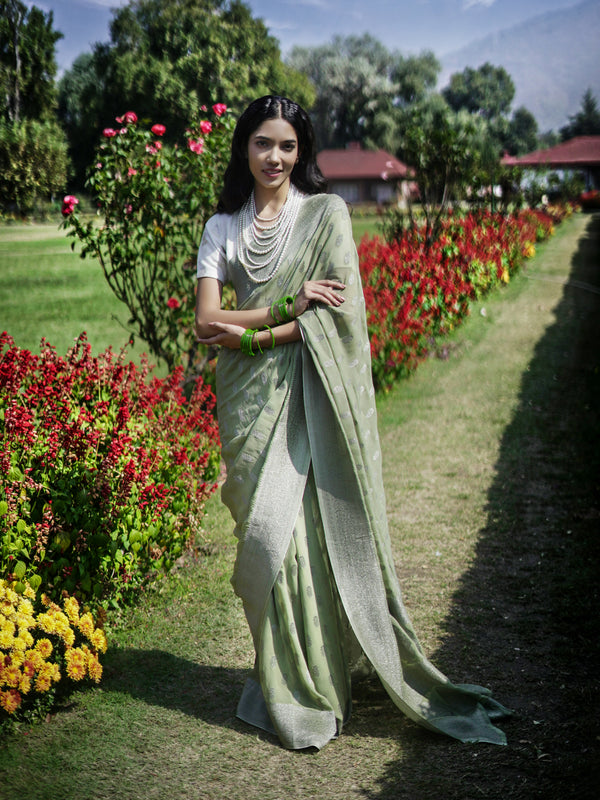 Olive Green Viscose Saree with Floral Buti