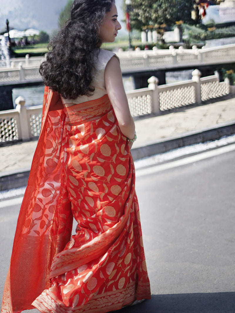 AVANTIKA - ORANGE VISCOSE SAREE WITH GOLD ZARI