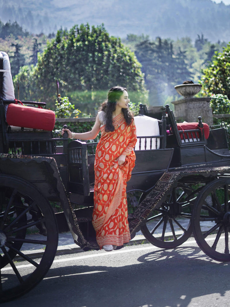 AVANTIKA - ORANGE VISCOSE SAREE WITH GOLD ZARI