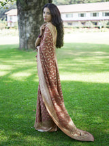 AARTI - BROWN VISCOSE SAREE WITH DIAGONAL WAVE PATTERN AND BUTTA