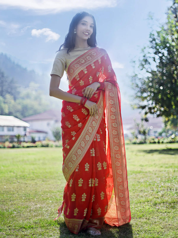 carrot red viscose saree with golden border