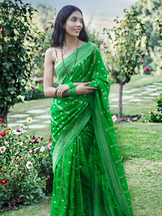 PREETI - LIME GREEN VISCOSE SAREE WITH STRIPES AND BUTTA