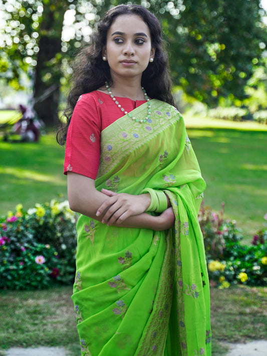 MEERA - LIME GREEN VISCOSE FLORAL SAREE