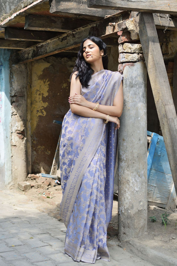 georgette brocade saree with floral motif jaal