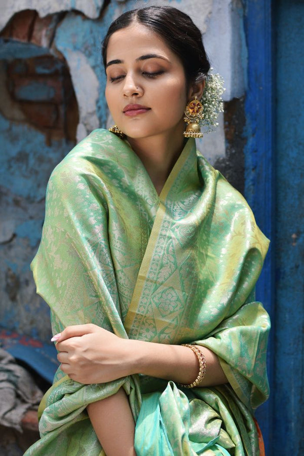 green georgette brocade saree