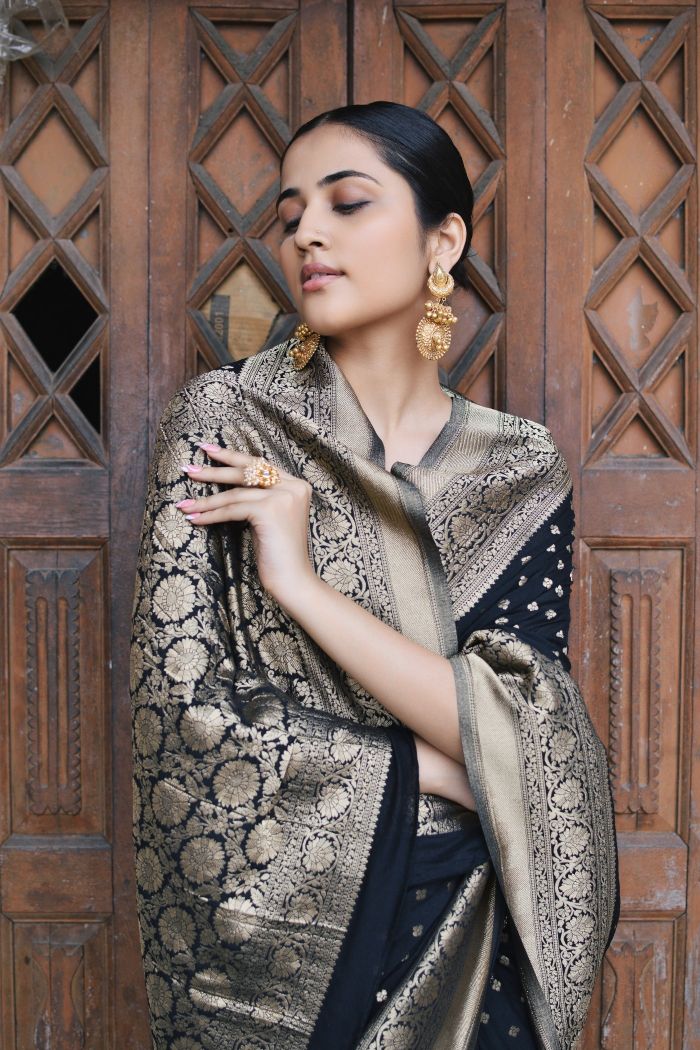 black geometric pattern georgette brocade