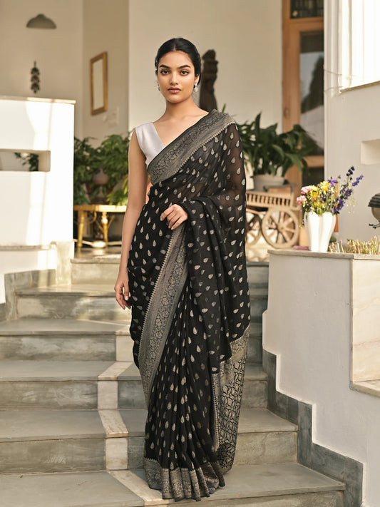 MANYA - BLACK VISCOSE SAREE WITH OVERALL BUTTI