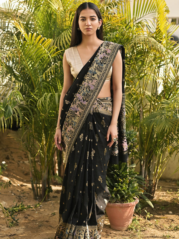 AASHNA - BLACK VISCOSE SAREE OVERALL BUTTI WITH COLOURFUL FLORAL BORDER