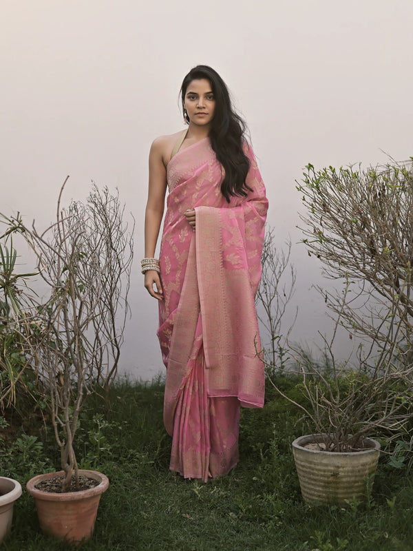 ALISHA - PINK VISCOSE SAREE WITH ALL OVER FLORAL JAAL AND BUTTA