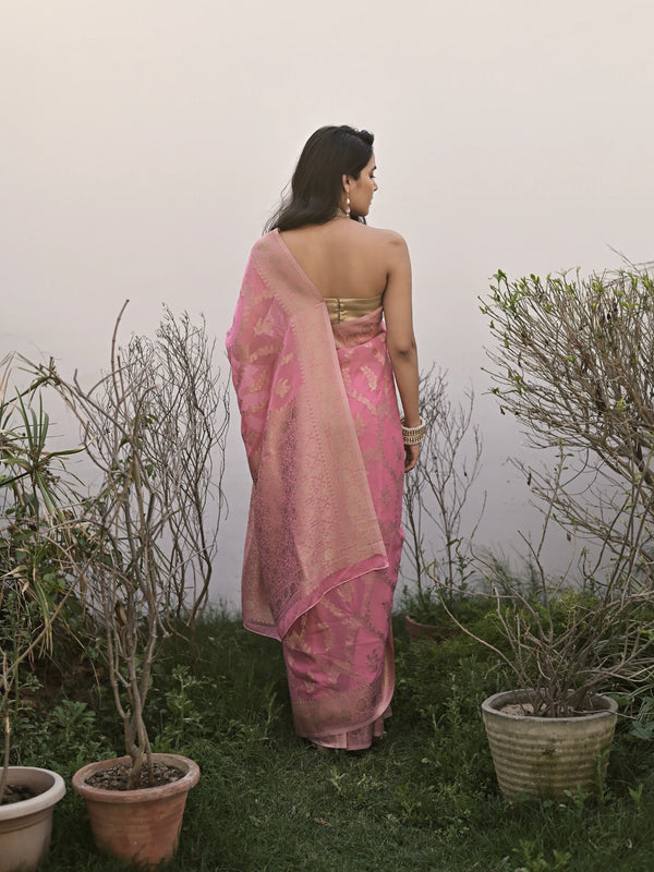 ALISHA - PINK VISCOSE SAREE WITH ALL OVER FLORAL JAAL AND BUTTA