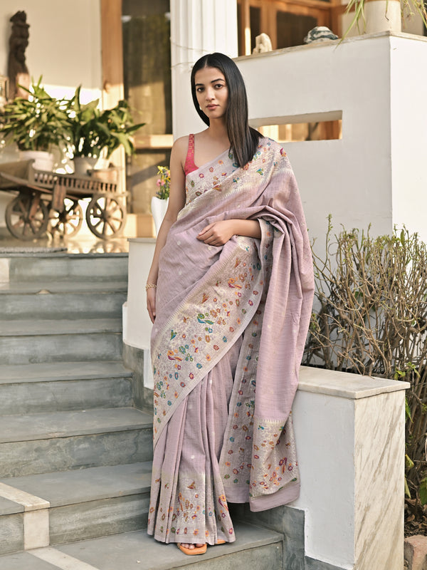 SHANAYA - DUSTY LAVENDER VISCOSE SAREE WITH COLOURFUL FLORAL BORDER