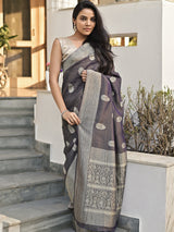 AAROHI - BLACK SILVER BANSARI TISSUE SAREE WITH FLORAL BUTTA