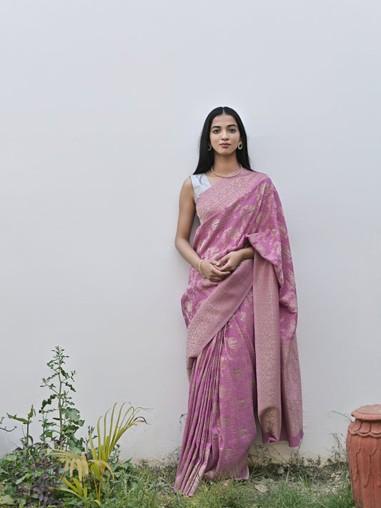 SAMAIRA - ROSE PINK VISCOSE SAREE WITH ALL-OVER FLORAL JAAL BUTTA