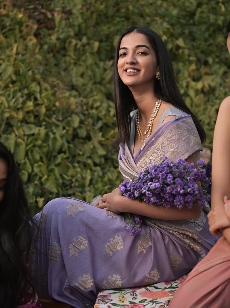 AASHI - LILAC CREPE SAREE WITH PASTEL BUTTIES